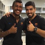 Suárez e Iniesta felicitan a Paulinho por su primer gol con el Barcelona