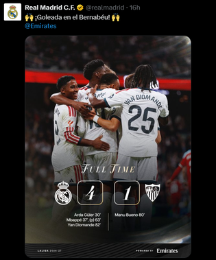 Real Madrid golea al Sevilla y llegará con confianza al clásico ante el Barcelona